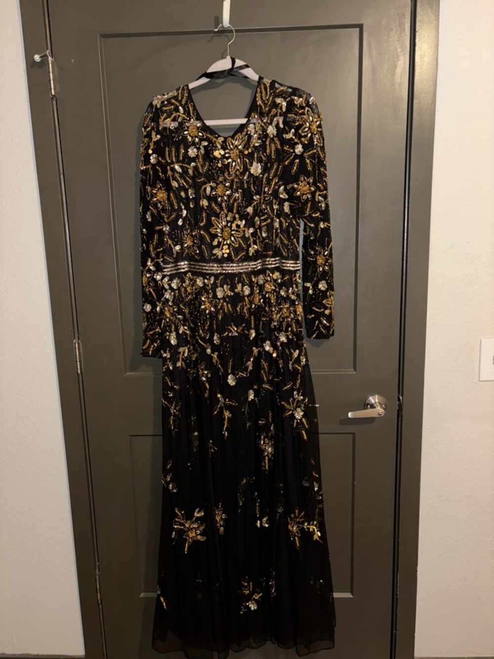 Mac Duggal Black Hand Embellished Long Sleeve A Line Gown